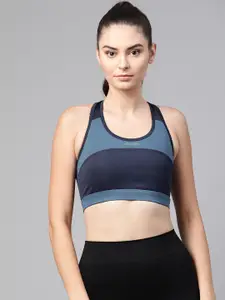Alcis Navy Blue & Teal Blue Colourblocked Non-Wired Removable Padding Workout Bra