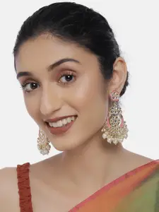 LAIDA Pink & Gold-Plated Kundan Studded Crescent Shaped Chandbalis