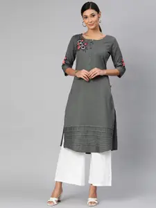 Alena Women Grey Embroidered Straight Kurta with Tucked Detail