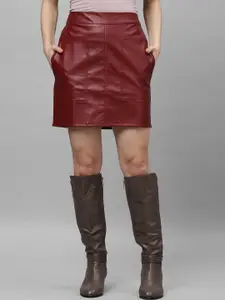 Athena Maroon Solid Leather Straight Skirt