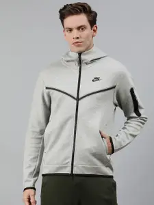 Nike Men Grey Melange Solid AS M NSW TCH FLC HOODIE FZ WR Sweatshirt with Striped Detail