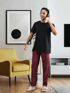 The Indian Garage Co Men's Burgundy and Blue Printed Lounge Pants