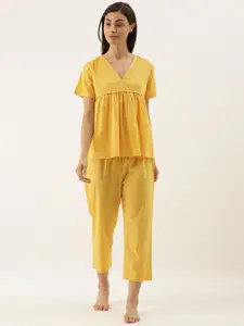Slumber Jill Women Mustard Yellow Self Design Night suit With Lace Inserts