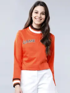 Tokyo Talkies Women Orange Printed Crop Sweatshirt