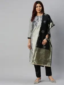 Blissta Grey & Black Silk Blend Unstitched Dress Material