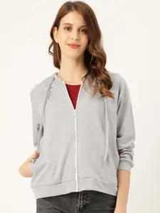 Besiva Women Grey Melange Solid Pure Cotton Hooded Sweatshirt