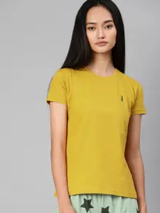 QUARANTINE Women Mustard Yellow Solid Round Neck Lounge T-Shirt