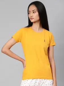 QUARANTINE Women Mustard Yellow Solid Round Neck Lounge T-Shirt