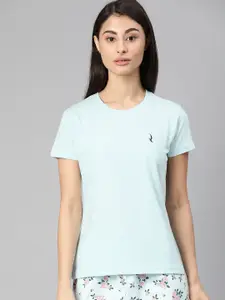QUARANTINE Women Blue Solid Round Neck Lounge T-Shirt
