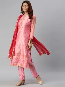 Blissta Pink & Red Silk Blend Unstitched Dress Material