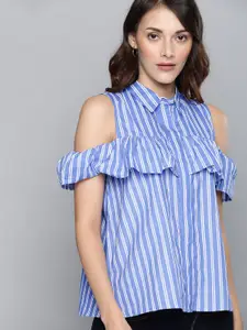 Chemistry Women Blue & White Striped Shirt Style Top