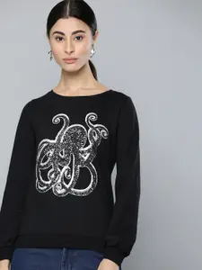 Chemistry Women Black Octopus Sequinned Round Neck T-shirt