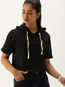 Campus Sutra Women Black Solid Hooded Crop  Pure Cotton Top