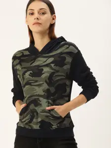 Campus Sutra Women Olive Green & Black Camouflage Printed Hooded Sweatshirt