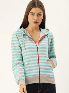 Campus Sutra Women Grey & Blue Striped Hooded Sweatshirt