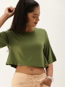 Campus Sutra Women Olive Green Solid Boxy Crop Pure Cotton Top