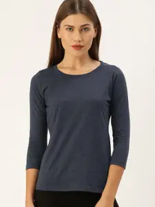 Campus Sutra Women Navy Blue Solid Pure Cotton Top