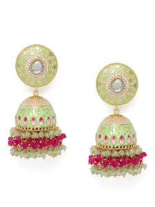 Peora Sea Green & Pink Gold-Plated Handcrafted Enamelled Meenakari Dome Shaped Jhumkas