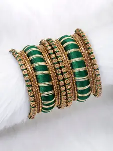 Peora Green & Gold-Plated Set Of 2 Matching Bangle Kundan Studded Chuda Bangles