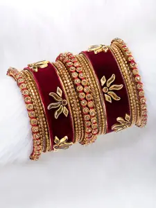 Peora Maroon & Gold-Plated Set Of 2 Matching Bangle Kundan Studded Chuda Bangles