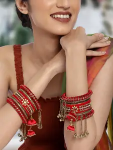 Peora Red & Gold-Plated Set Of 2 Matching Bangle Kundan Studded Chuda Bangles