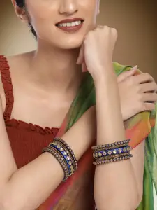 Peora Women Gold-Plated & Blue Velvet Silk Thread Chuda Chura Bangle Set