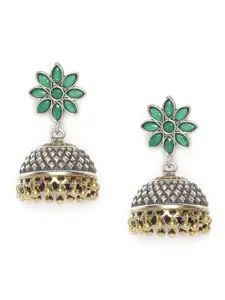 Peora Green & Gold-Toned Silver-Plated Oxidised Dome Shaped Jhumkas