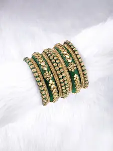 Peora Women Gold-Plated & Green Velvet Silk Thread Chuda Chura Bangle Set