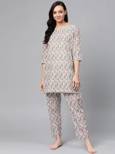 Anubhutee Women White & Red Pure Cotton Floral Print Nightsuit