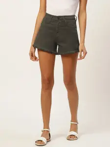 Xpose Women Olive Green Solid Regular Fit Denim Shorts