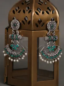 OOMPH Silver-Toned & Green Oxidised Classic Drop Earrings