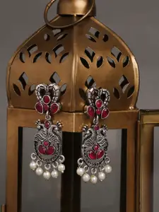 OOMPH Silver-Toned & Maroon Peacock Shaped Chandbalis