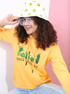 Tokyo Talkies Women Yellow & Green Printed Hooded Sweatshirt