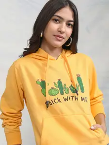 Tokyo Talkies Women Yellow & Green Printed Hooded Sweatshirt