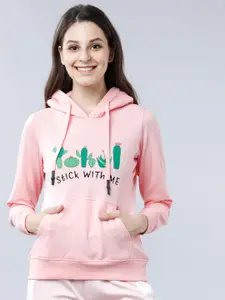 Tokyo Talkies Women Pink & Green Printed Hooded Sweatshirt
