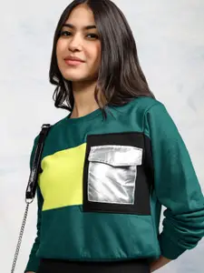 Tokyo Talkies Women Black & Blue Colourblocked Sweatshirt