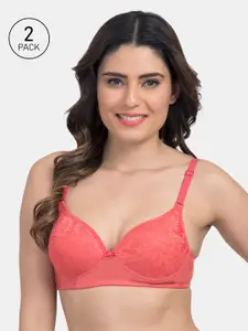 KOMLI Pack Of 2 Coral Peach Solid Non-Wired Heavily Padded T-shirt Bra K-9521-2PC-CRL-30B