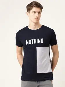 The Indian Garage Co Men Navy Blue Colourblocked Round Neck Pure Cotton T-shirt With Printed Detailing