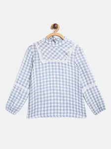 luyk Girls Blue & White Checked Pure Cotton Top with Lace Inserts