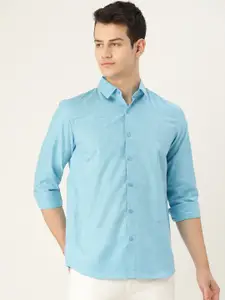 SOJANYA Men Blue Cotton Linen Classic Regular Fit Self Design Casual Shirt