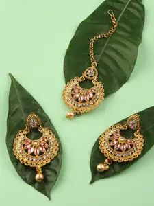 AccessHer Gold-Toned Brass-Plated Embellished Maang Tika with Earrings