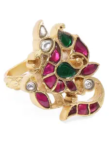 AccessHer Women Gold Plated & Pink Handcrafted Jadau Kundan Adjustable Finger Ring