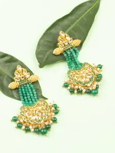 AccessHer Gold-Plated Green Enamelled Kundan Studded Classic Drop Earrings