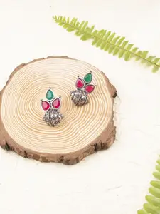 AccessHer Green & Pink Oxidized Silver-Plated Oversized Studded Leaf Shaped Studs