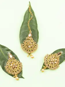 AccessHer Gold-Toned Brass-Plated Embellished Maang Tika with Earrings