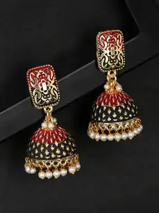 OOMPH Gold-Plated & Red Meenakari Enamel Dome Shaped Jhumkas