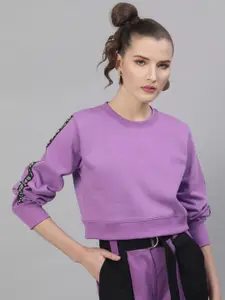 STREET 9 Women Purple Solid Cotton Crop Sweatshirt