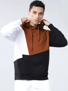 HIGHLANDER Men White & Brown Colourblocked Hooded Sweatshirt