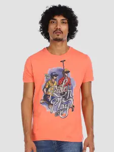 U.S. Polo Assn. Denim Co. Men Coral Pink Slim Fit Printed Round Neck Pure Cotton T-shirt