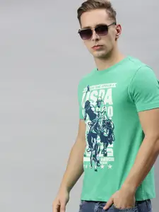 U.S. Polo Assn. Denim Co. Men Sea Green Printed Slim Fit Round Neck Pure Cotton T-shirt